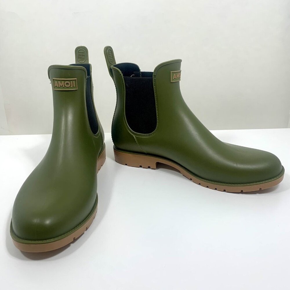 AMOJI Unisex Ankle Chelsea Short Rubber Rain Boots OLIVE Green SZ W 10.5 / M 8.5